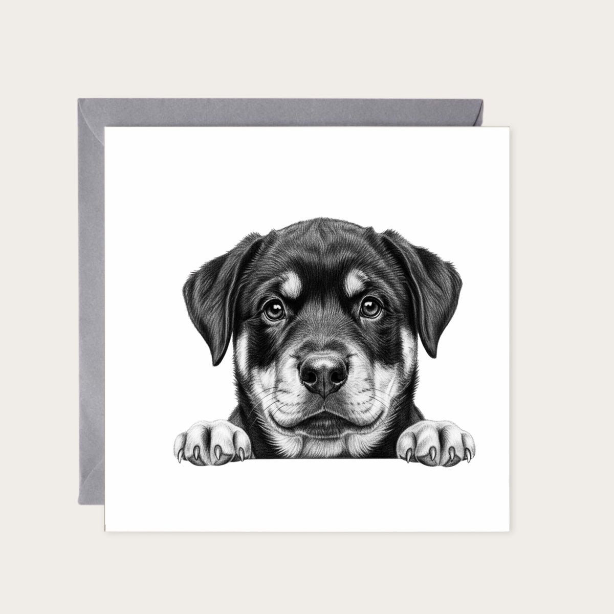 Peeking Rottweiler – Hand-Drawn Greeting Card | Cute & Playful Dog Illustration — card with grey envelope