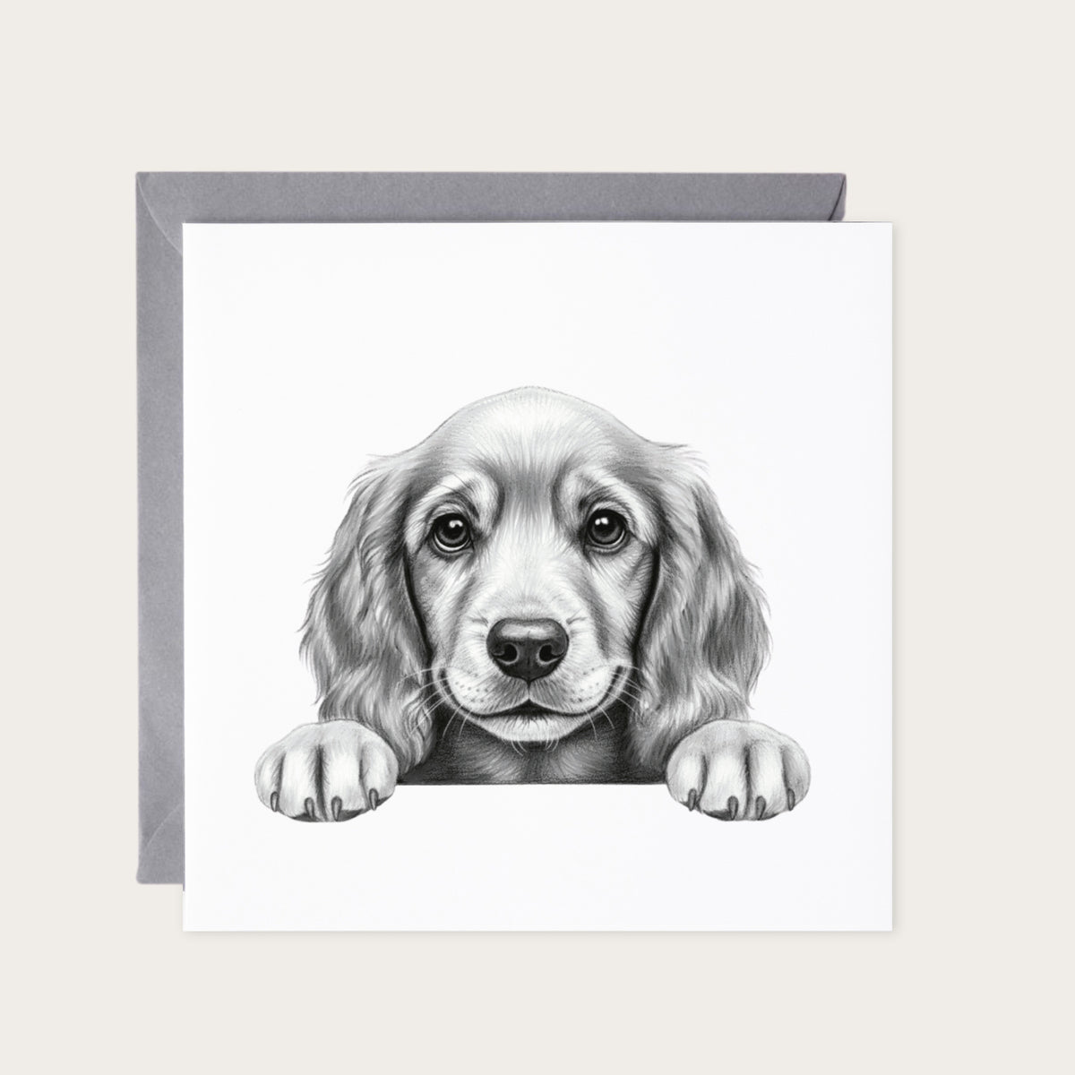 Peeking Cocker Spaniel – Hand-Drawn Greeting Card | Cute & Playful Dog Illustration — card with grey envelope