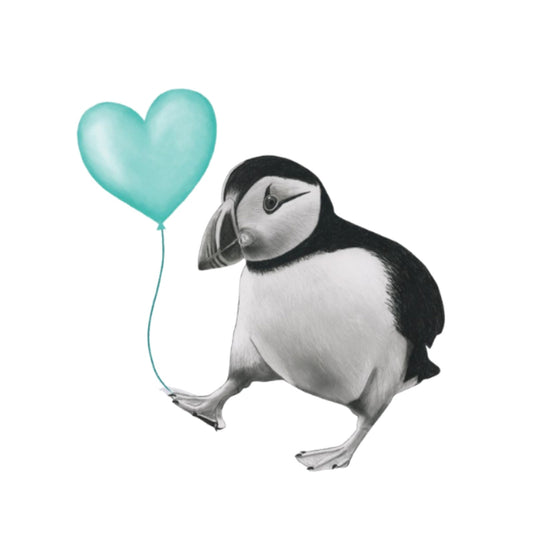 Floating Puffin – Teal Balloon Hand-Drawn Greeting Card | Cute & Whimsical Sealife Art — card front