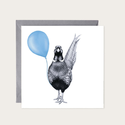 Floating Pheasant – Blue Balloon Hand-Drawn Greeting Card | Whimsical Countryside Art — card with grey envelope