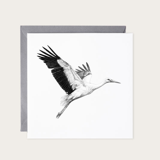 Flying Stork Greeting Card — card with grey envelope