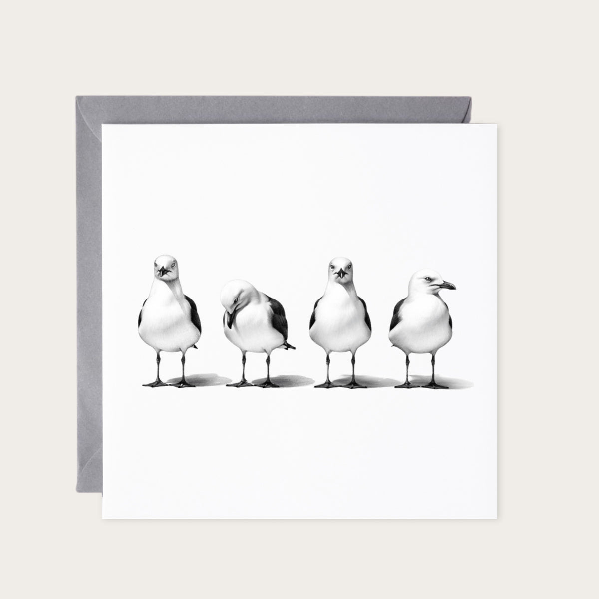 Four Seagulls Row Seaside Greeting Card — card with grey envelope