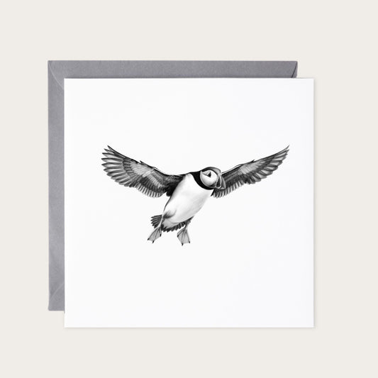 Flying Puffin Greeting Card — card with grey envelope