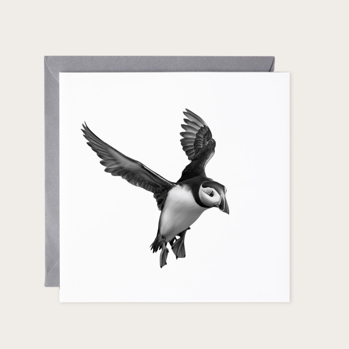 Landing Puffin  – Coastal Greeting Card — card with grey envelope