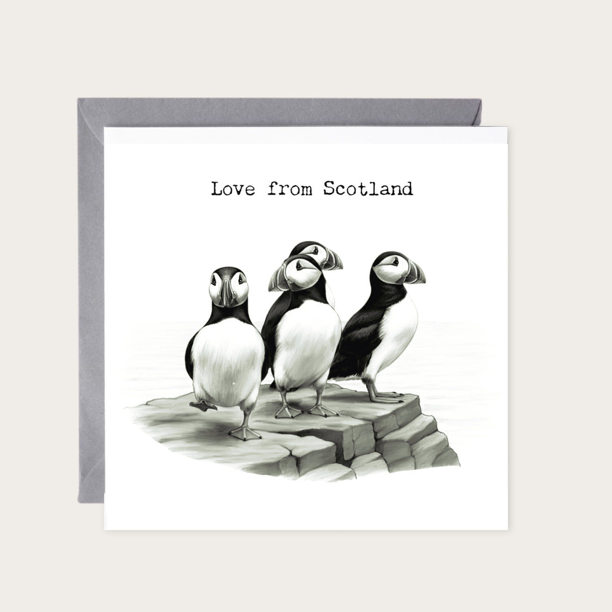 Love From Scotland Puffin Rock Greeting Card — card with grey envelope