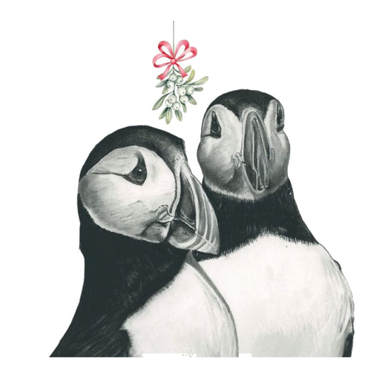 Puffin Mistletoe Kisses Christmas Card — card front