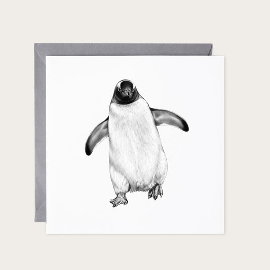 Penguin Waddle Greeting Card — card with grey envelope