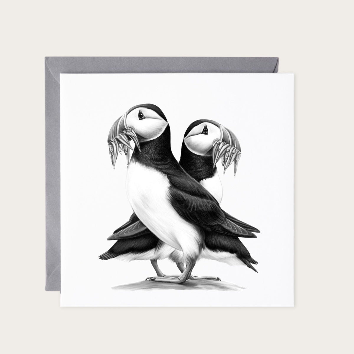 Puffin Tea Time Greeting Card — card with grey envelope