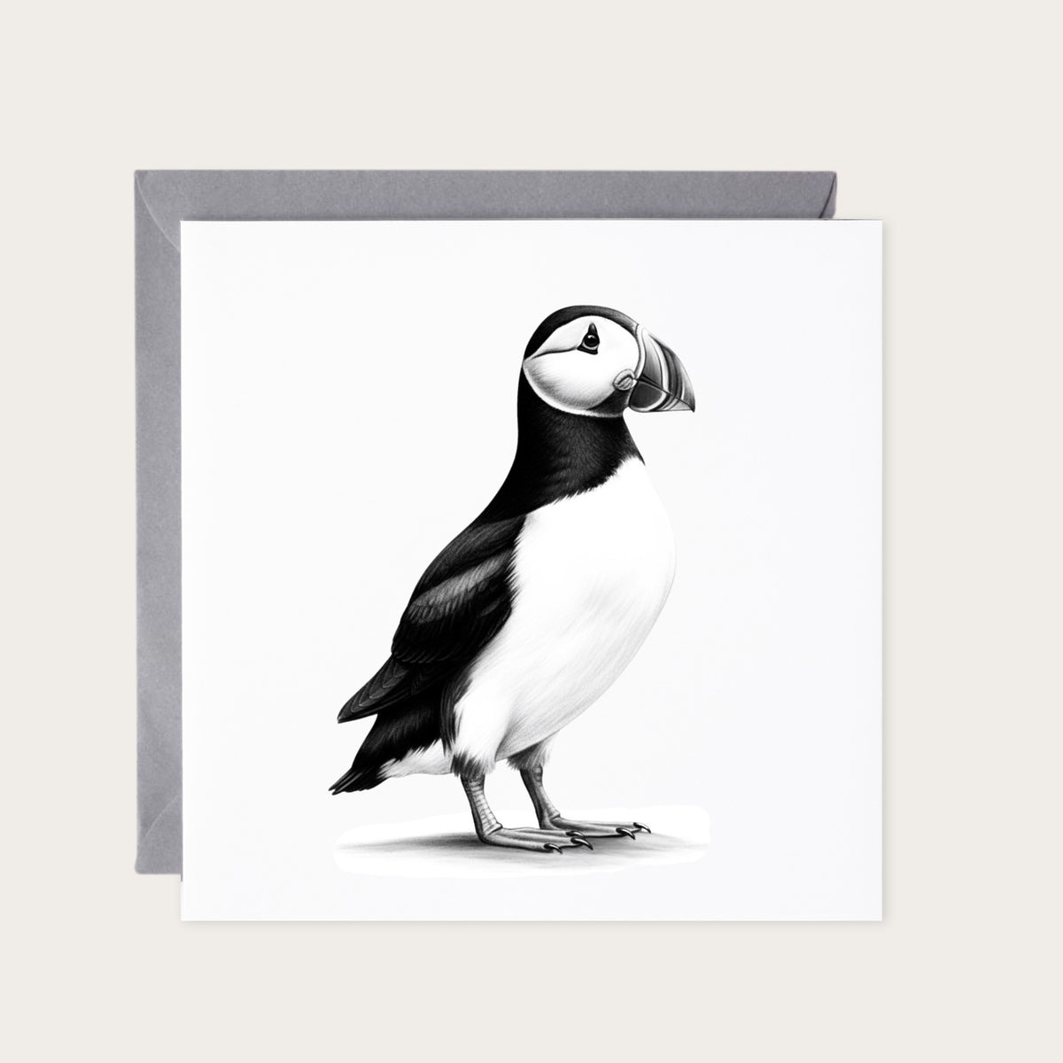 Single Puffin Greeting Card — card with grey envelope