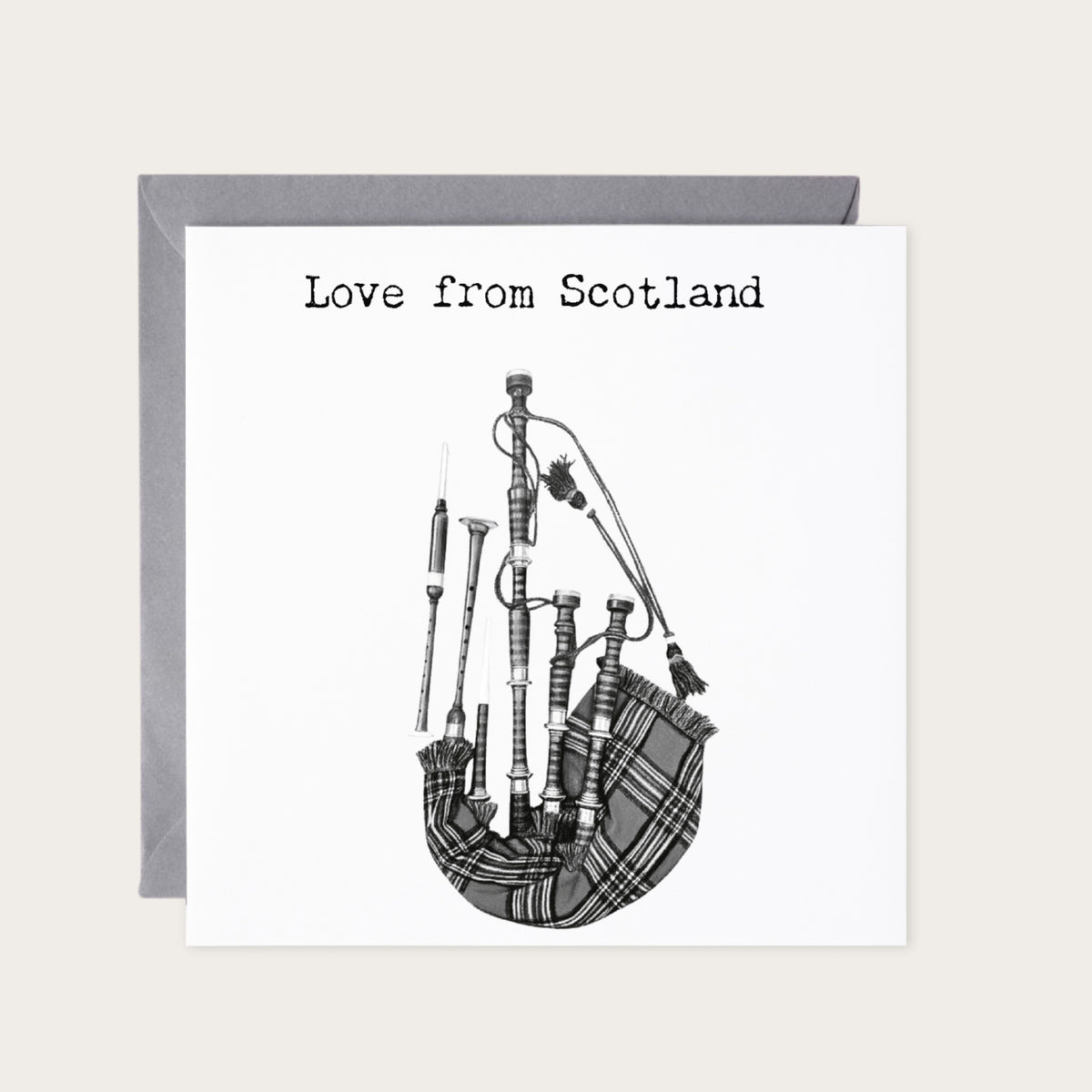 Love From Scotland Bagpipes Greeting Card — card with grey envelope