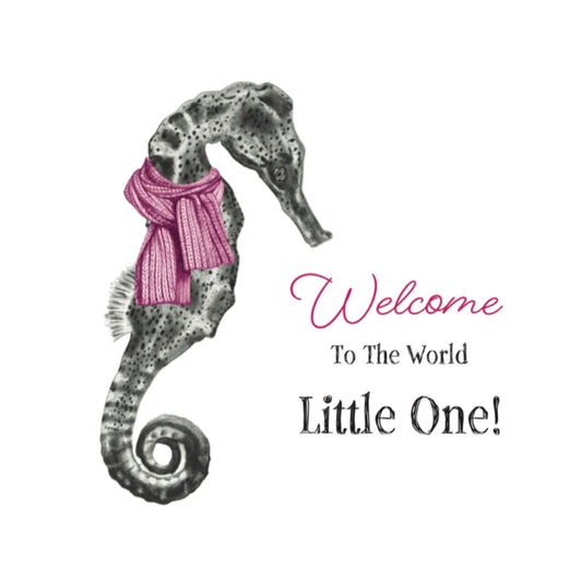 New Baby Pink Seahorse – Hand-Drawn Greeting Card | Charming Marine Art — card front