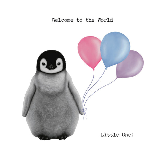 Welcome to the World Little One – Baby Penguin Balloon Greeting Card | Adorable New Baby Art — card front