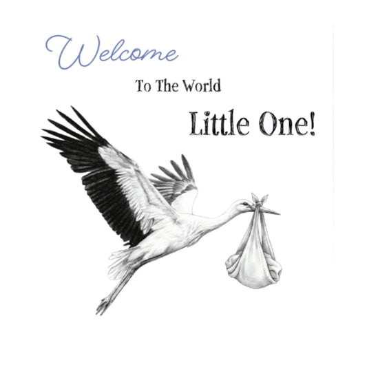 New Baby Flying Stork Greeting Card - Blue — card front