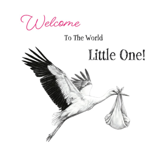 New Baby Flying Stork Greeting Card - Pink | Congratulations New Baby Card — card front