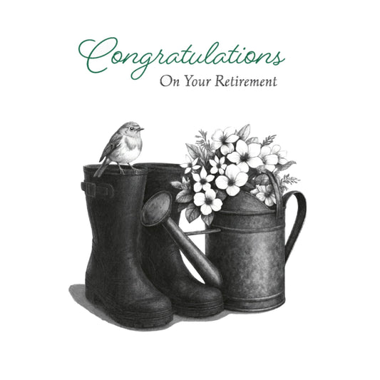 The Gardener’s Haven | Hand-Drawn Robin & Wellies Retirement Card — card front