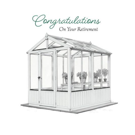 The Greenhouse Retreat | Hand-Drawn Botanical Retirement Card — card front