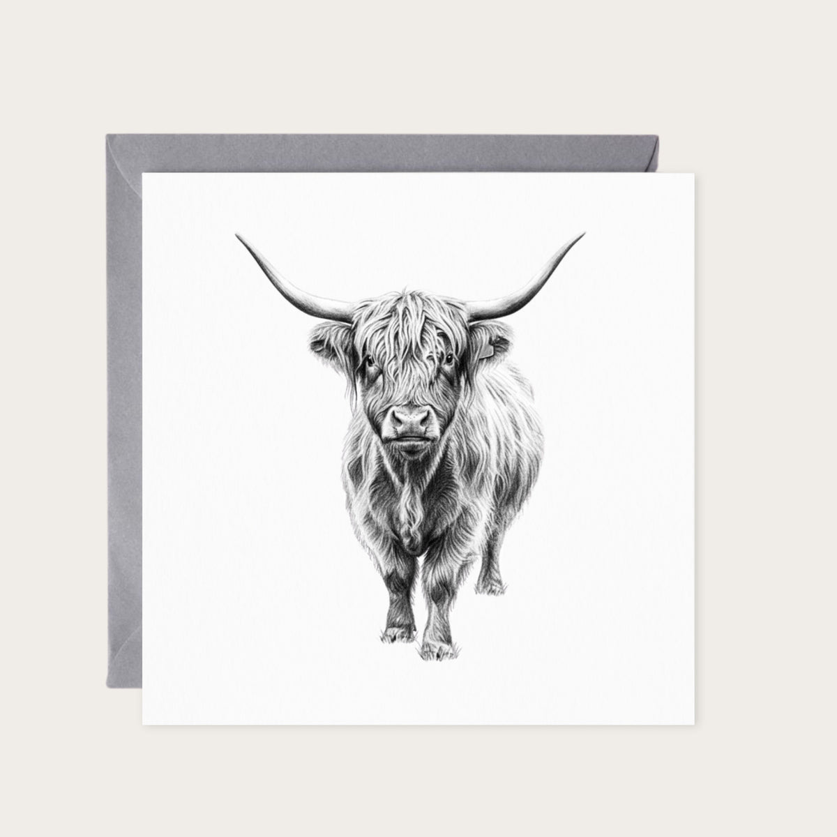 Standing Highland Coo Hand Drawn Greeting Card — card with grey envelope