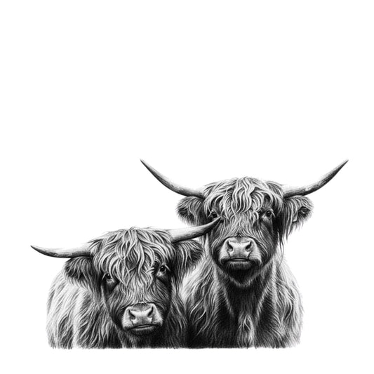 Two Highland Coos Hand Drawn Greeting Card — card front