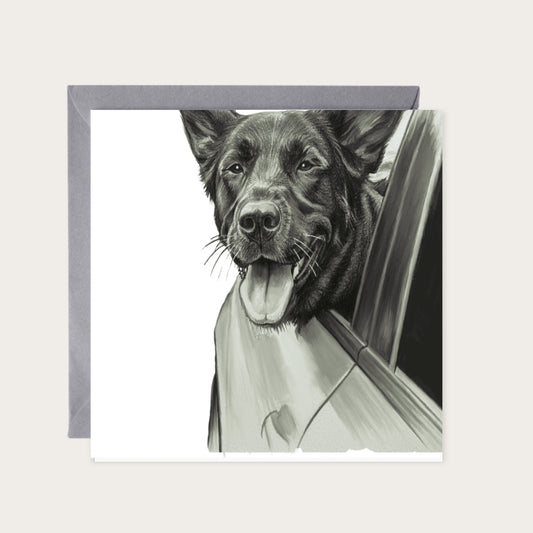 Driving Dog Hand Drawn Greeting Card — card with grey envelope