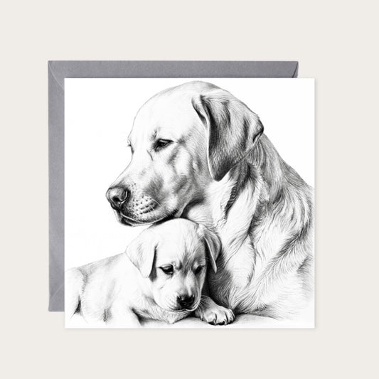 Labrador and Pup Hand Drawn Greeting Card — card with grey envelope