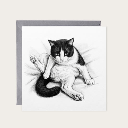 Cheeky Cat Hand Drawn Greeting Card — card with grey envelope