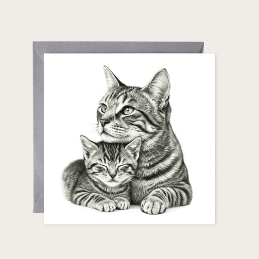 Mum and Kitten Hand Drawn Greeting Card — card with grey envelope