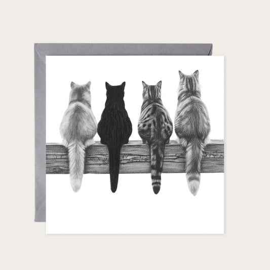Four Cats Hand Drawn Greeting Card — card with grey envelope