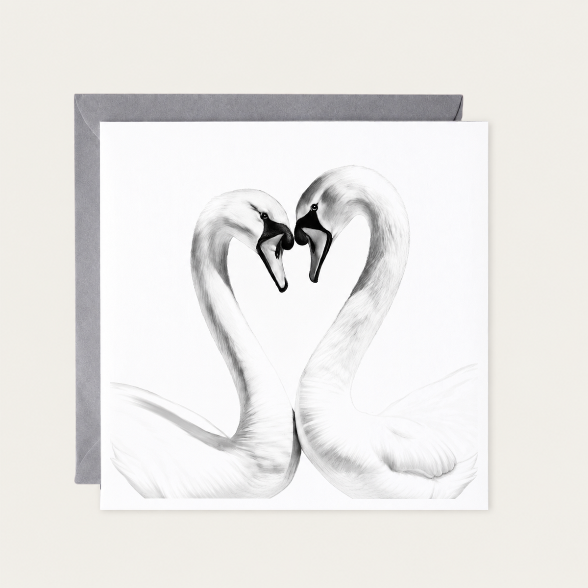 Swan Heart Greeting Card — standard grey envelope mockup