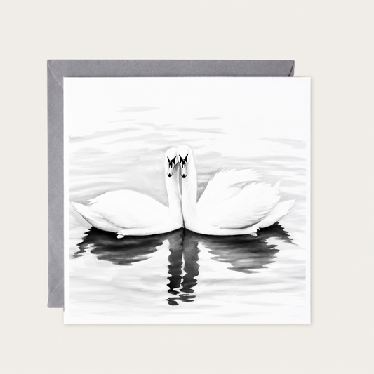 Swans Together Greeting Card — standard grey envelope mockup