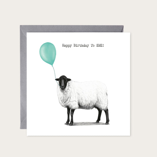 Birthday Ewe — card with grey envelope