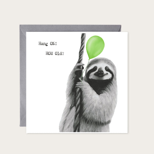 Birthday Sloth — card with grey envelope