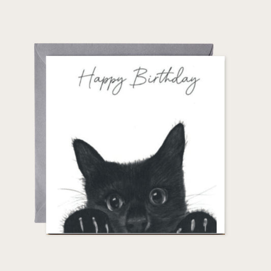 Peeking Cat Birthday Card — card with grey envelope
