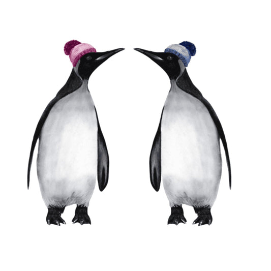 Two Winter Penguins Christmas Card – Topped with Woolly Hats & Full of Cheer — card front