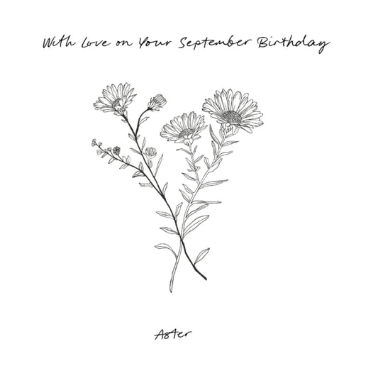September – Aster Birthday Card | Hand-Drawn Aster Illustration | Whimsical & Elegant Art — card front