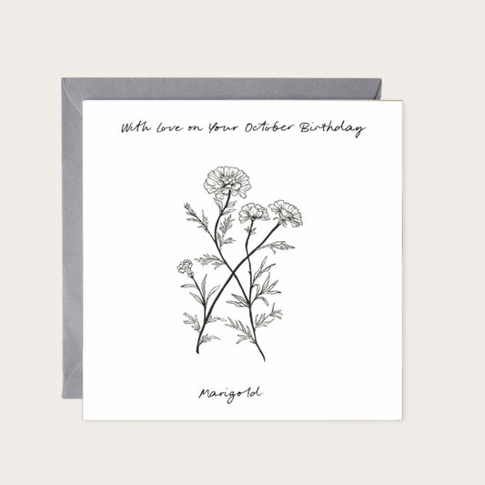 October – Marigold Birthday Card | Hand-Drawn Marigold Illustration | Whimsical & Elegant Art — card with grey envelope