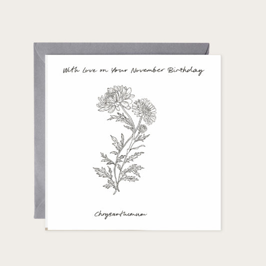 November – Chrysanthemum Birthday Card | Hand-Drawn Chrysanthemum Illustration | Whimsical & Elegant Art — card with grey envelope