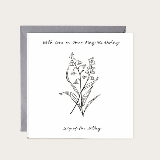 May – Lily of the Valley Birthday Card | Hand-Drawn Lily of the Valley Illustration | Whimsical & Elegant Art — card with grey envelope