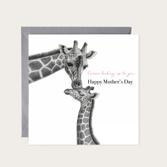 Looking Up to You Giraffes Mother's Day Hand-Drawn Greeting Card | Whimsical & Uplifting Art — card with grey envelope