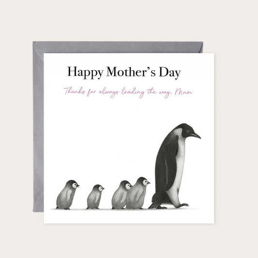 Leading the Way Penguins Mother’s Day Hand-Drawn Greeting Card | Warm & Inspirational Art — card with grey envelope