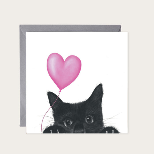 Floating Sansuna Cat – Pink Balloon Hand-Drawn Greeting Card | Cute & Whimsical Art — card with grey envelope