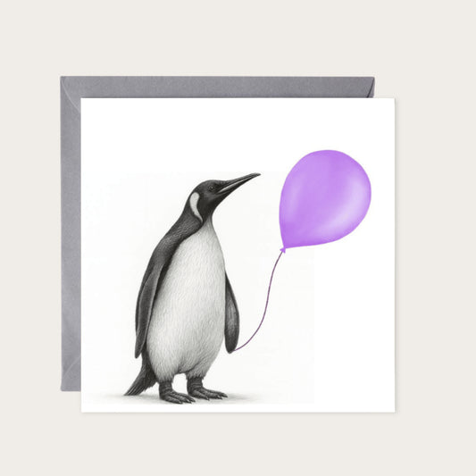 Floating Penguin – Purple Balloon Hand-Drawn Greeting Card | Cute & Whimsical Art — card with grey envelope