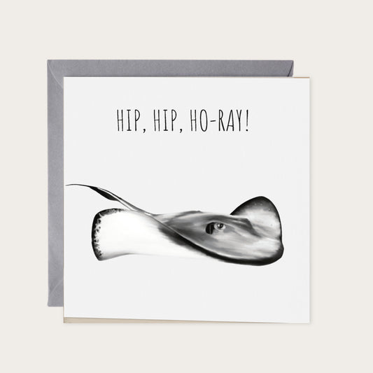 Hip Hip Hoo-Ray – Stingray Hand-Drawn Greeting Card | Fun & Whimsical Sealife Art — card with grey envelope
