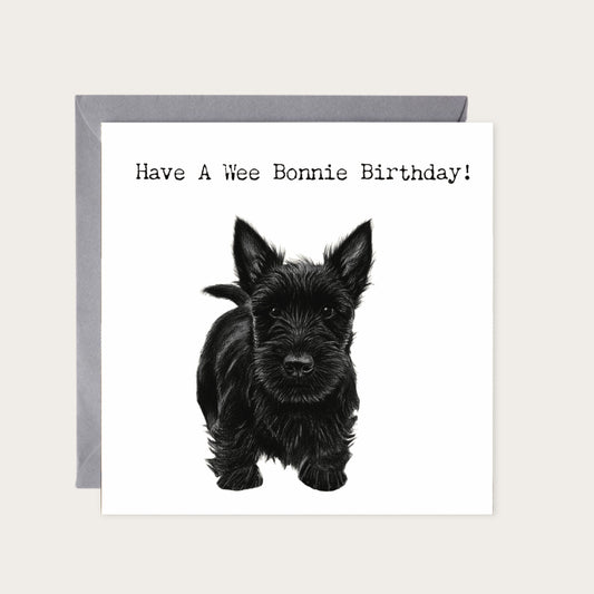 Have a Bonnie Wee Birthday – Scottie Dog Greeting Card — card with grey envelope