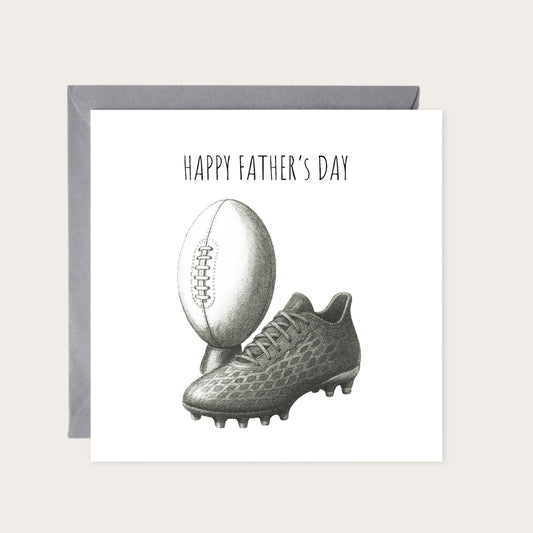 Happy Father’s Day Rugby Greeting Card | Sporty & Fun Art — card with grey envelope