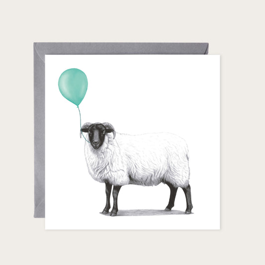 Floating Sheep - Teal Balloon Hand-Drawn Greeting Card — card with grey envelope