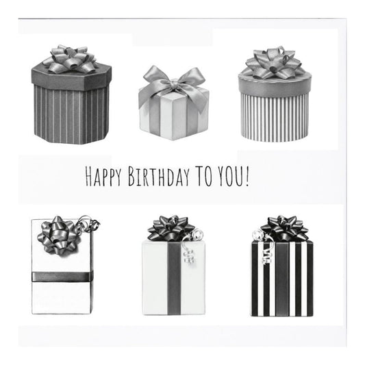 Monochrome Birthday Presents Greeting Card — card front
