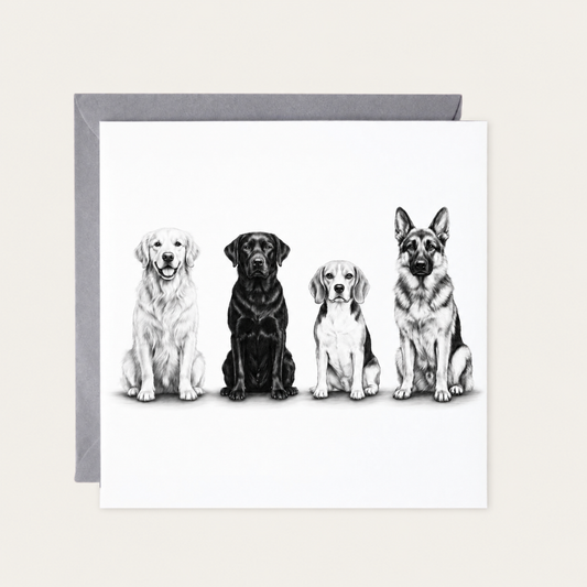 Four Dogs Greeting Card — standard grey envelope mockup