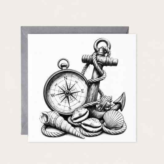 Nautical Compass and Anchor Greeting Card — standard grey envelope mockup