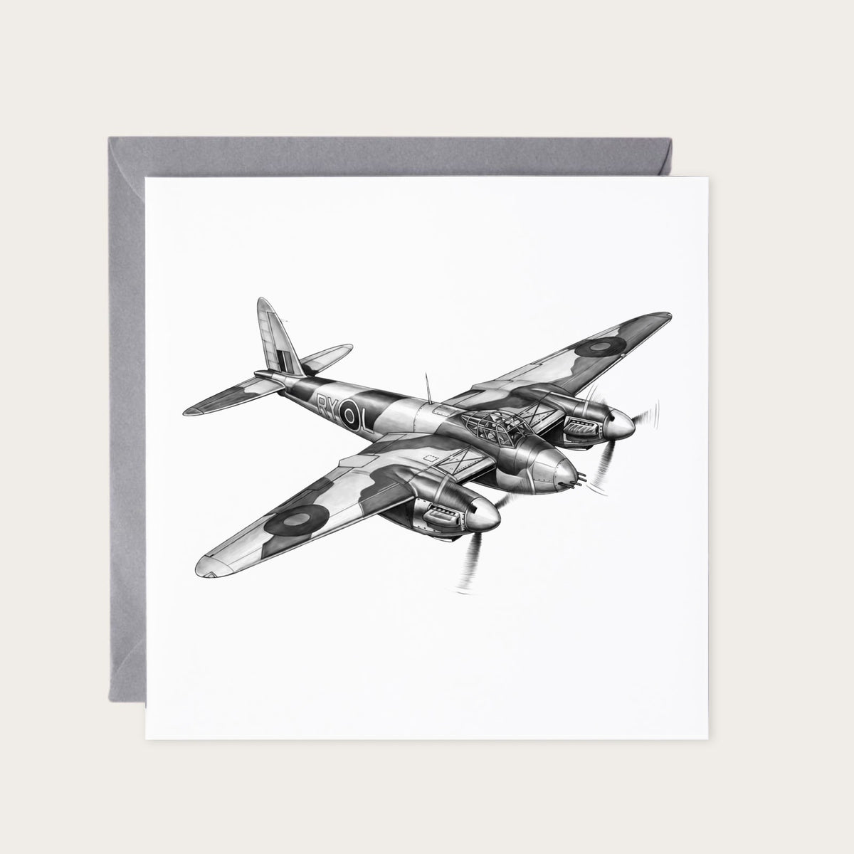 de Havilland Mosquito RY-L Hand-Drawn Greeting Card — card with grey envelope