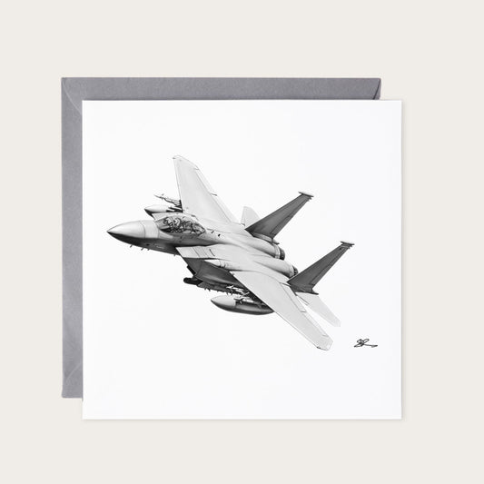 F-15 Eagle Hand-Drawn Greeting Card — card with grey envelope